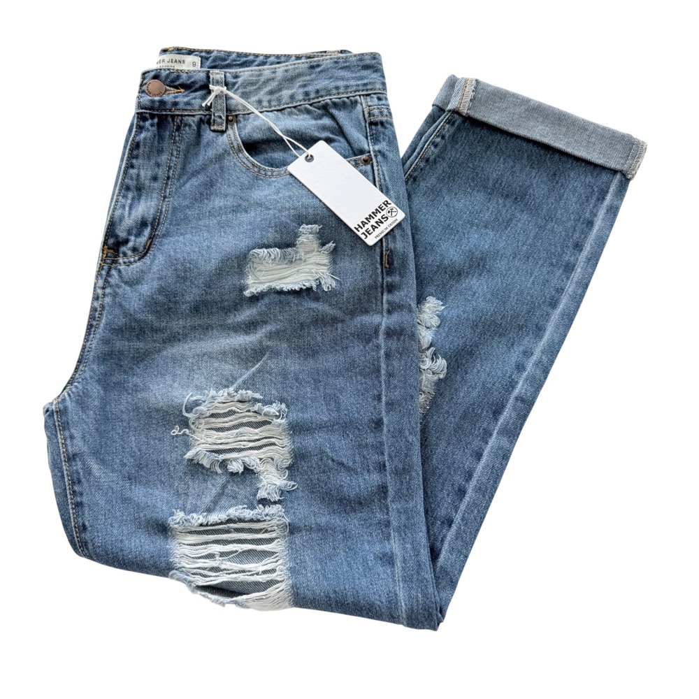 Hammer Jeans Distressed Boyfriend Jeans Womens 9 Blue New Ripped High Rise BF802